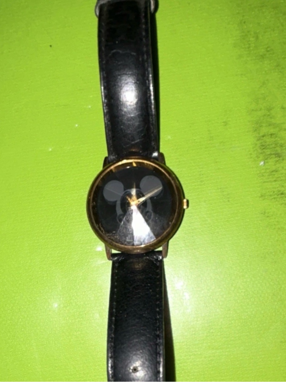 Disney Black Leather Strap Watch with Gold Case and Mickey Dial